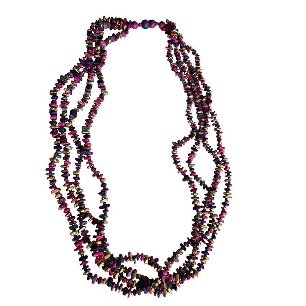 Multicolor 4 Strand Bead Necklace Painted Wood Pink Purple Gold